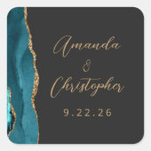 Agate Aquamarin Blue Gold Script Dark Wedding Quadratischer Aufkleber (Vorderseite)