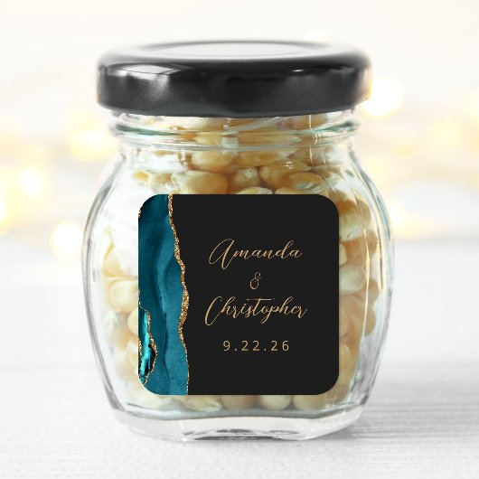 Agate Aquamarin Blue Gold Script Dark Wedding Quadratischer Aufkleber