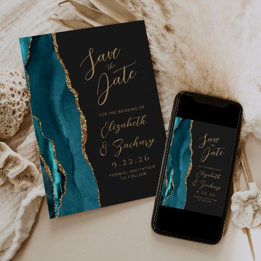 Agate Aquamarin Blue Gold Script Dark Wedding Save The Date