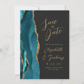 Agate Aquamarin Blue Gold Script Dark Wedding Save The Date (Vorderseite)