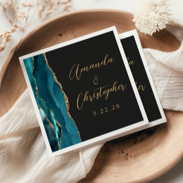 Agate Aquamarin Blue Gold Script Dark Wedding Serviette