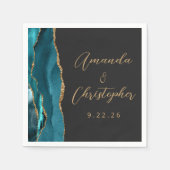 Agate Aquamarin Blue Gold Script Dark Wedding Serviette (Vorderseite)