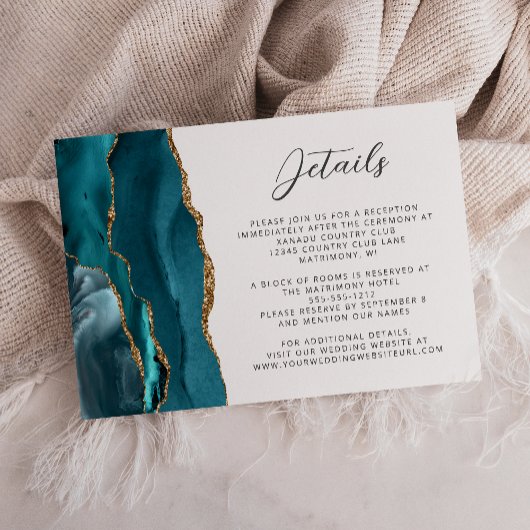 Agate Aquamarin Blue Gold Script Hochzeitsdetails Begleitkarte
