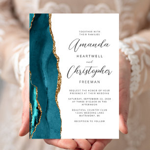 Agate Aquamarin Blue Gold Script Wedding Einladung