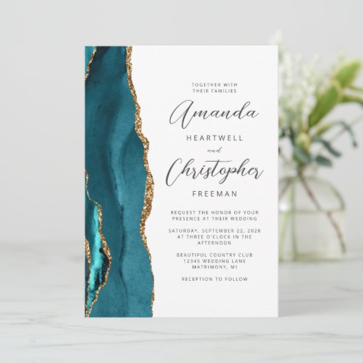 Agate Aquamarin Blue Gold Script Wedding Einladung (Stehend Vorderseite)