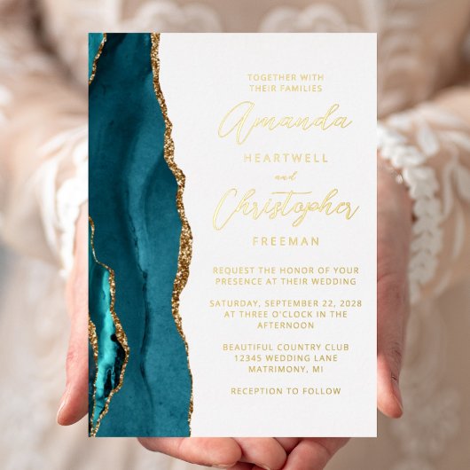 Agate Aquamarin Blue Gold Script Wedding Folieneinladung
