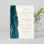 Agate Aquamarin Blue Gold Script Wedding Folieneinladung (Stehend vorne)