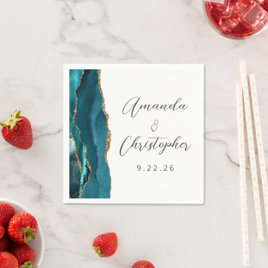 Agate Aquamarin Blue Gold Script Wedding Serviette (Beispiel)