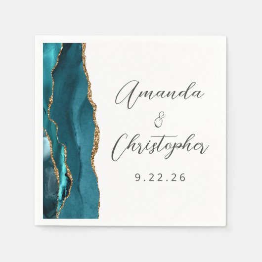 Agate Aquamarin Blue Gold Script Wedding Serviette (Vorderseite)