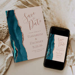 Agate Aquamarin Blue Rose Gold Blush Save the Date Einladung