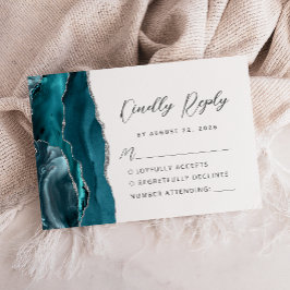 Agate Aquamarin Blue Silver Modern Script Wedding RSVP Karte