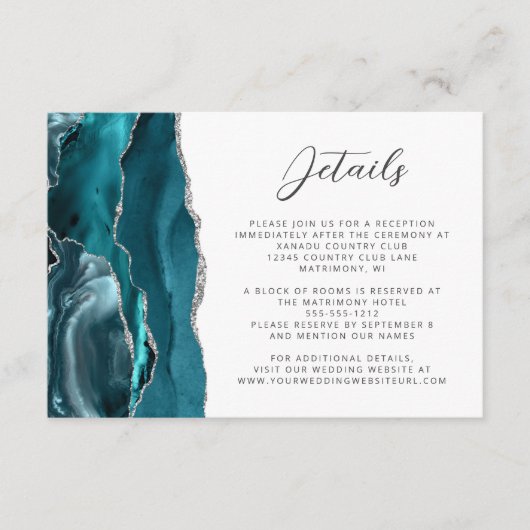 Agate Aquamarin Blue Silver Script Hochzeitsdetail Begleitkarte (Vorderseite)