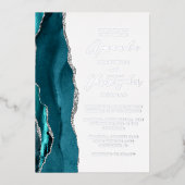 Agate Aquamarin Blue Silver Script Wedding Folieneinladung (Vorderseite)