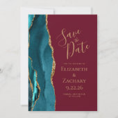 Agate Aquamarin Gold Burgundy Save the Date Ankündigung (Vorderseite)