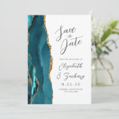 Agate Aquamarin Gold Moderne Skripthochzeit Save The Date (Stehend Vorderseite)