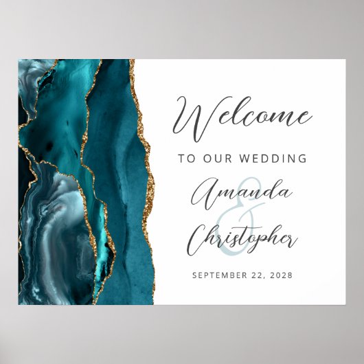 Agate Aquamarin Gold Script Wedding Willkommen Poster (Vorne)