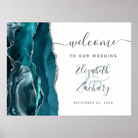 Agate Aquamarin Silver Script Wedding Willkommen Poster (Vorne)