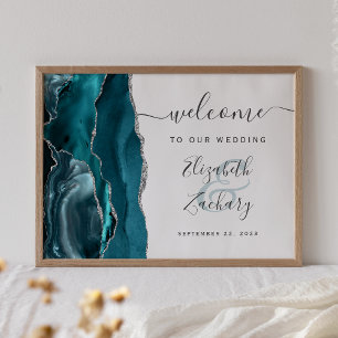 Agate Aquamarin Silver Script Wedding Willkommen Poster