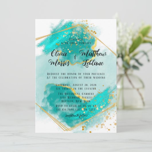 Agate Aquamarin und Gold Geometric Glitzer Wedding Einladung (Stehend Vorderseite)