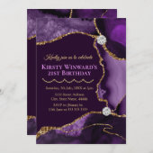 Agate Birthday Party lila und Gold Glitzer Einladung (Vorne/Hinten)