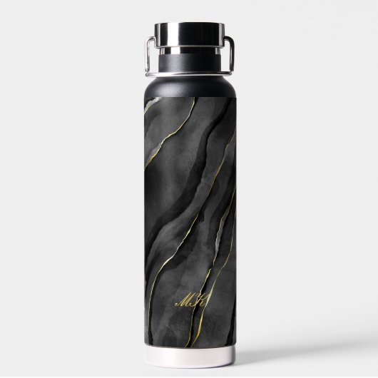 Agate Black and Gold Marmor Individuelle Name Lett Trinkflasche (Rückseite)