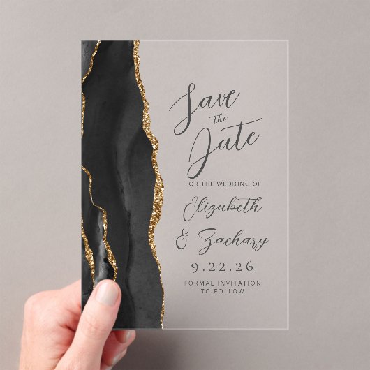 Agate Black Gold Moderne Script Hochzeit Acryleinladungen (Insitu (Handheld))