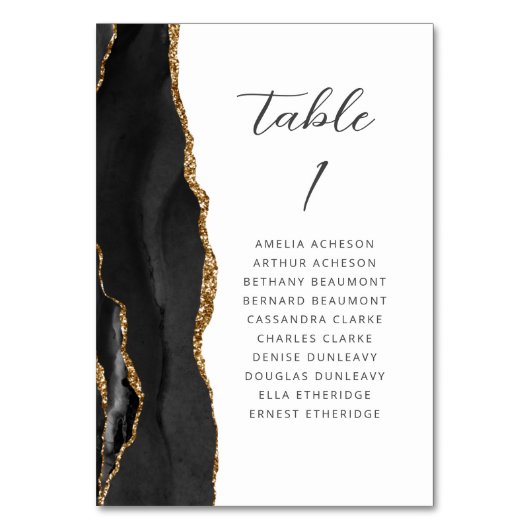 Agate Black Gold Moderne Script Hochzeit Tischnummer (Rückseite)