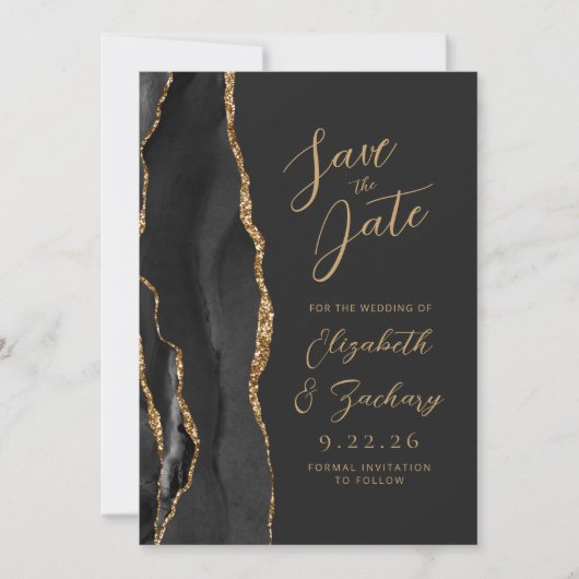 Agate Black Gold Script Dark Wedding Save The Date (Vorderseite)