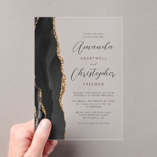 Agate Black Gold Script Wedding Acryleinladungen (Insitu (Handheld))