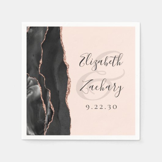Agate Black Rose Gold Blush Pink Script Wedding Serviette (Vorderseite)