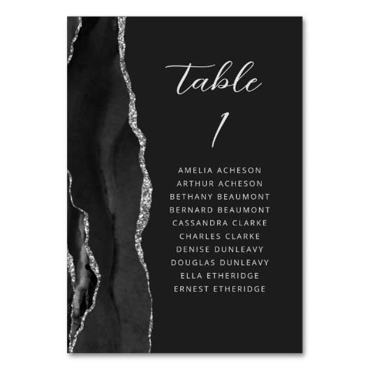 Agate Black Silver Moderne Skriptdunkle Hochzeit Tischnummer (Vorderseite)
