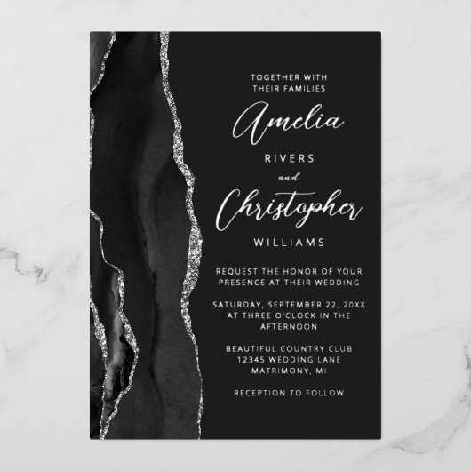 Agate Black Silver Script Dark Wedding Folieneinladung (Vorderseite)