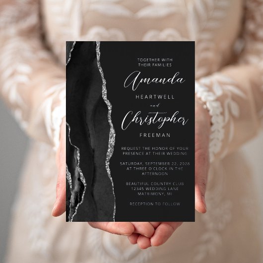 Agate Black Silver Script Dark Wedding Folieneinladung