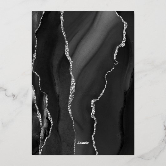 Agate Black Silver Script Dark Wedding Folieneinladung (Rückseite)