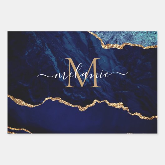 Agate Blue Gold Ihr Name Letter Wrapping Paper Geschenkpapier Set (Vorderseite)