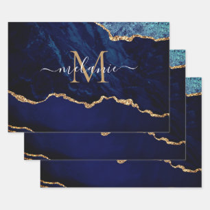 Agate Blue Gold Ihr Name Letter Wrapping Paper Geschenkpapier Set