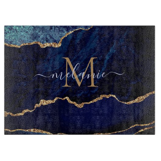 Agate Blue Gold Marmor Cutting Board Individuelle  Schneidebrett (Vorderseite)