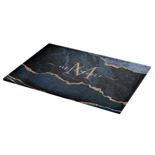 Agate Blue Gold Marmor Individuelle Name Cutting B Schneidebrett (Ecke)