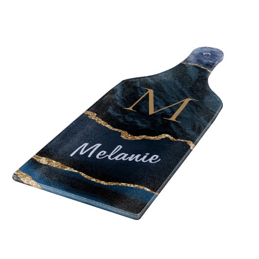 Agate Blue Gold Marmor Monogram Name Cutting Board Schneidebrett (Ecke)