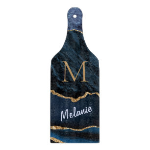 Agate Blue Gold Marmor Monogram Name Cutting Board Schneidebrett