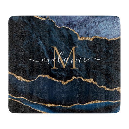 Agate Blue Gold Marmor Name Letter Cutting Board Schneidebrett (Vorderseite)
