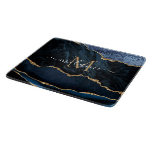 Agate Blue Gold Marmor Name Letter Cutting Board Schneidebrett