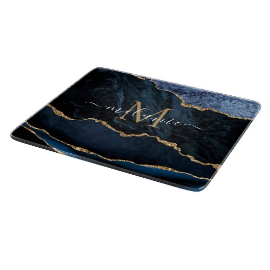 Agate Blue Gold Marmor Name Letter Cutting Board Schneidebrett (Ecke)