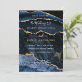 Agate Blue Gold Rings Luxury Wedding Einladung (Stehend Vorderseite)