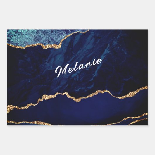 Agate Blue Gold Wrapping Paper Sheets - Ihr Name Geschenkpapier Set (Vorderseite)