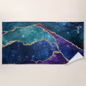 Agate Blue Lila Aqua Gold Veins Monogram Strandtuch (Vorderseite)