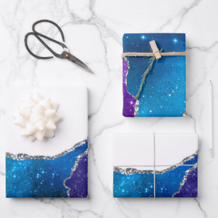Agate Blue Lila Pink Silver Glitzer Extravagant Hü Geschenkpapier Set