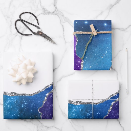 Agate Blue Lila Pink Silver Glitzer Extravagant Hü Geschenkpapier Set (Vorderseite)
