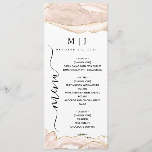 Agate Blush & Gold Glitzer Hochzeit Menükarte (Vorderseite)