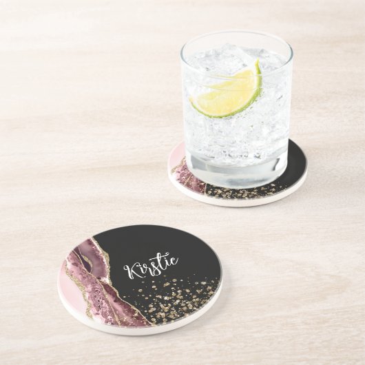 Agate Blush Pink Black Rose Gold Glitzer Getränkeuntersetzer (Seite)